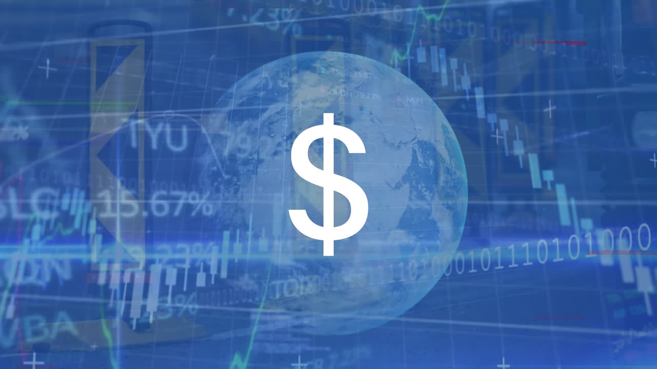 달러 기호의 애니메이션, 그래프, 거래 보드, 거리에서 는 사람들 위에 지구상의 이진 코드