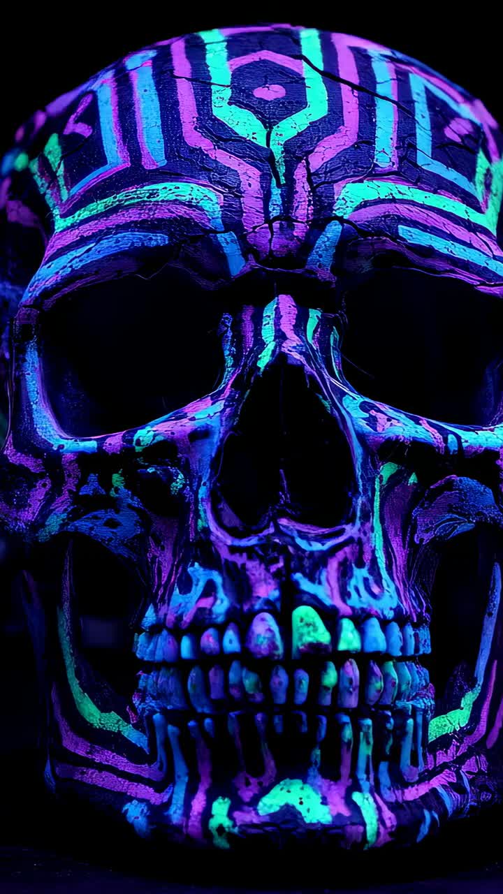 Video verticale: ripresa con tracking camera che mostra un teschio dipinto inclinato in uno studio buio sotto luce UV, con effetto neon