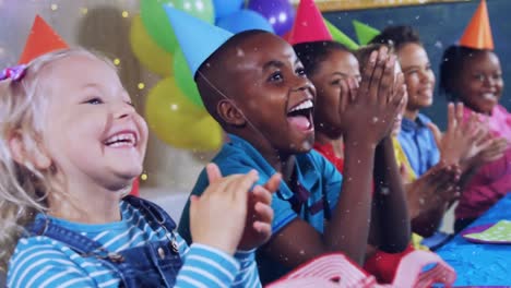 animation of confetti falling over children having fun at party