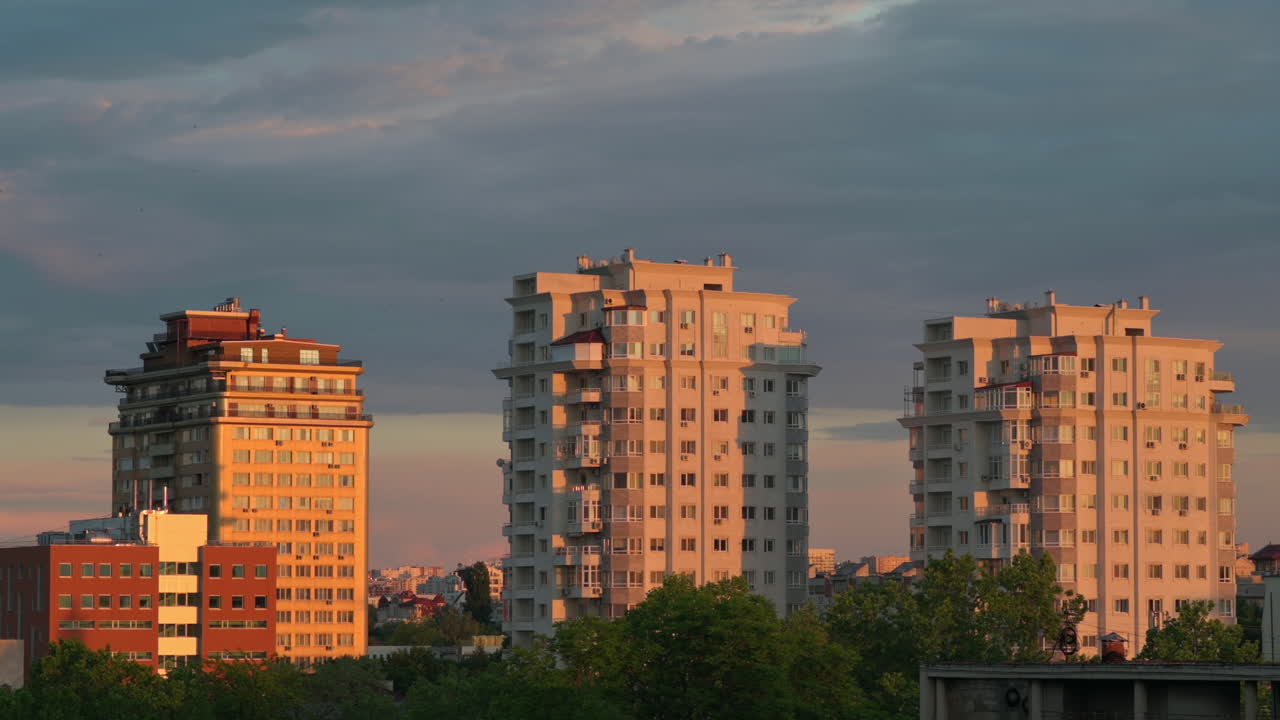 Time lapse of buildings in the skyline of Chisinau, Moldova at sunset