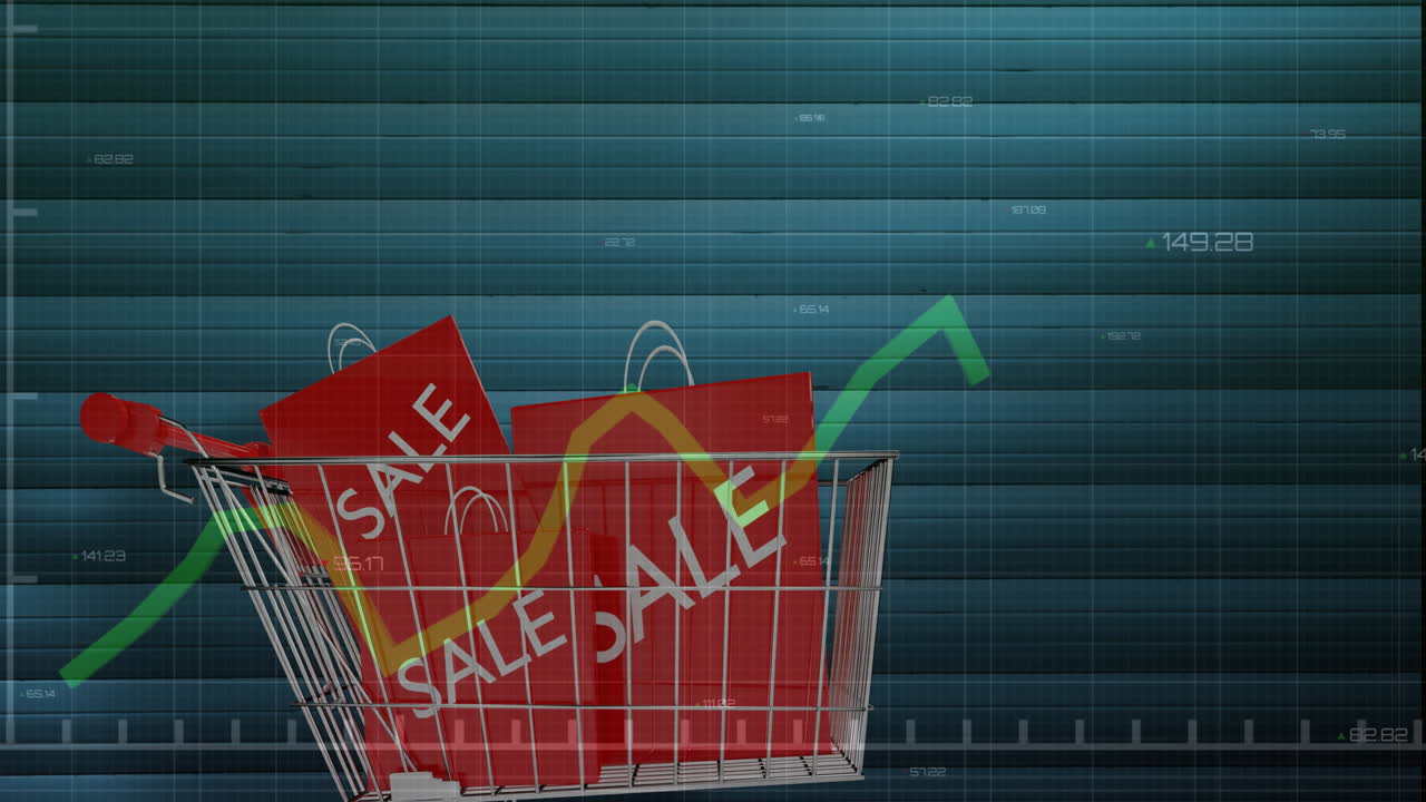 판매 가방을 가진 쇼핑 카트 위에 데이터 처리의 애니메이션