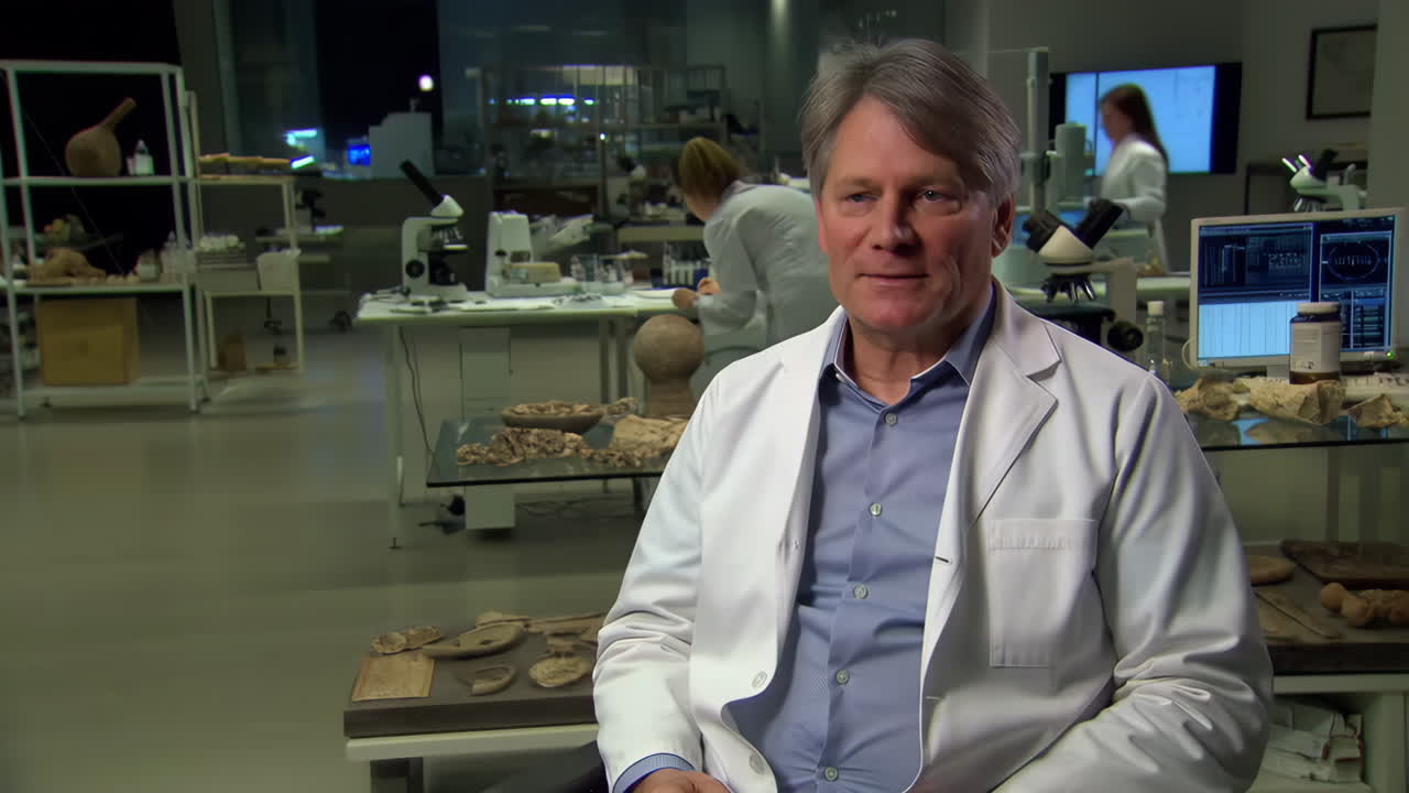 A male scientist in a lab coat in a modern laboratory, with ancient artifacts on display
