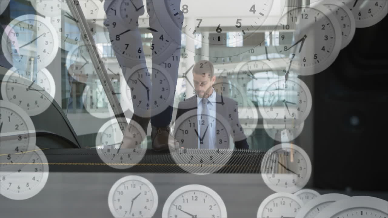 Clocks animation over businessperson walking through office building