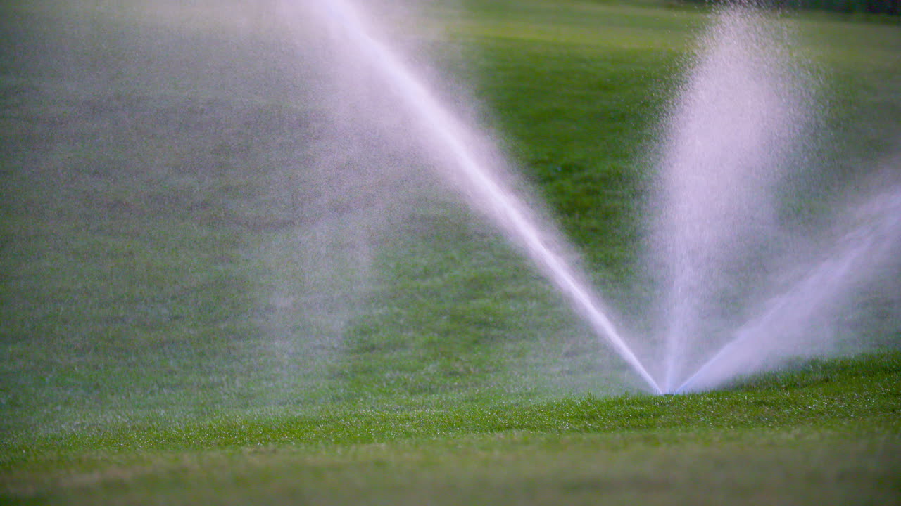 Medium Shot Of Grass Sprinkler Splashes Water Over The Lawn 2