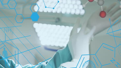 animation of element structures surgeon putting on gloves in operating theatre