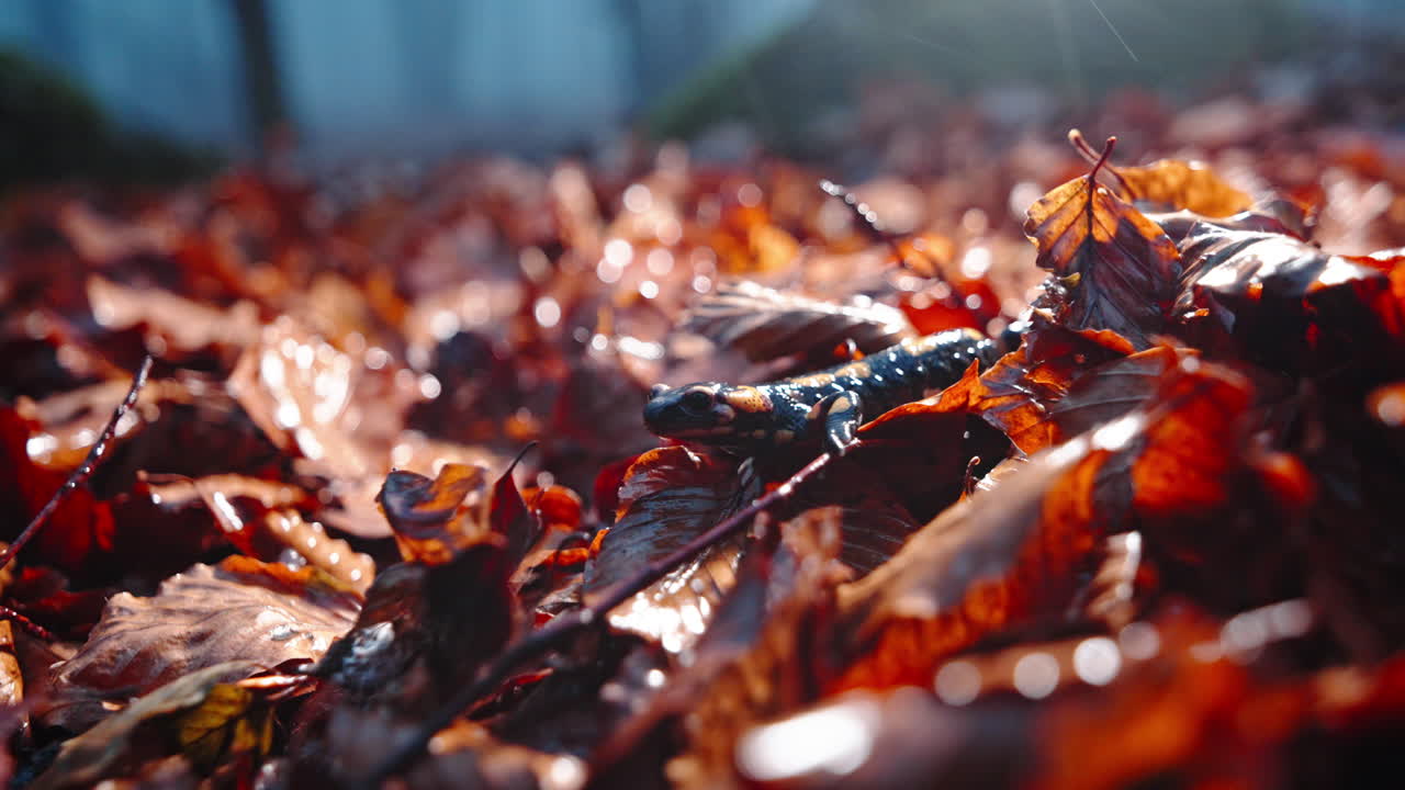 Misty forest floor with wet brown autumn leaves and a Fire salamander, macro, shallow focus, cold season