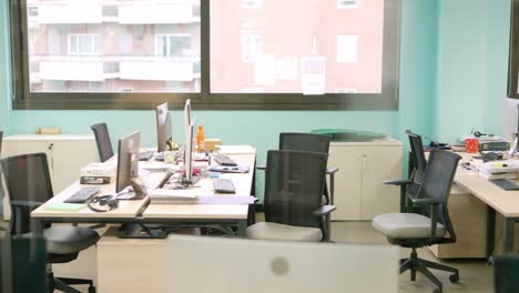 empty coworking office with computers, stationary and chairs