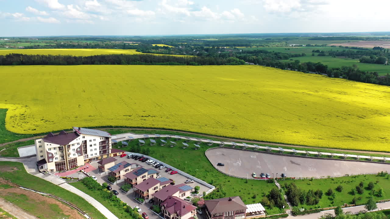 Top of countryside buildings. Aerial of new build development housing estate