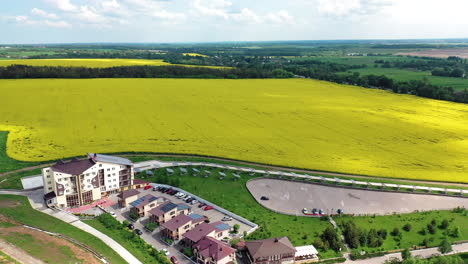top of countryside buildings. aerial of new build development housing estate