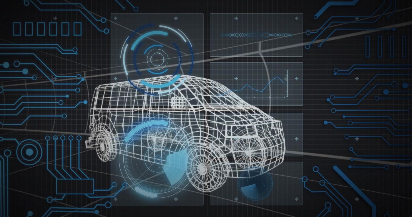 Al iniciar, una furgoneta de wireframe se mantiene centrada mientras anillos azules de HUD se forman, giran y pulsan para un escaneo.