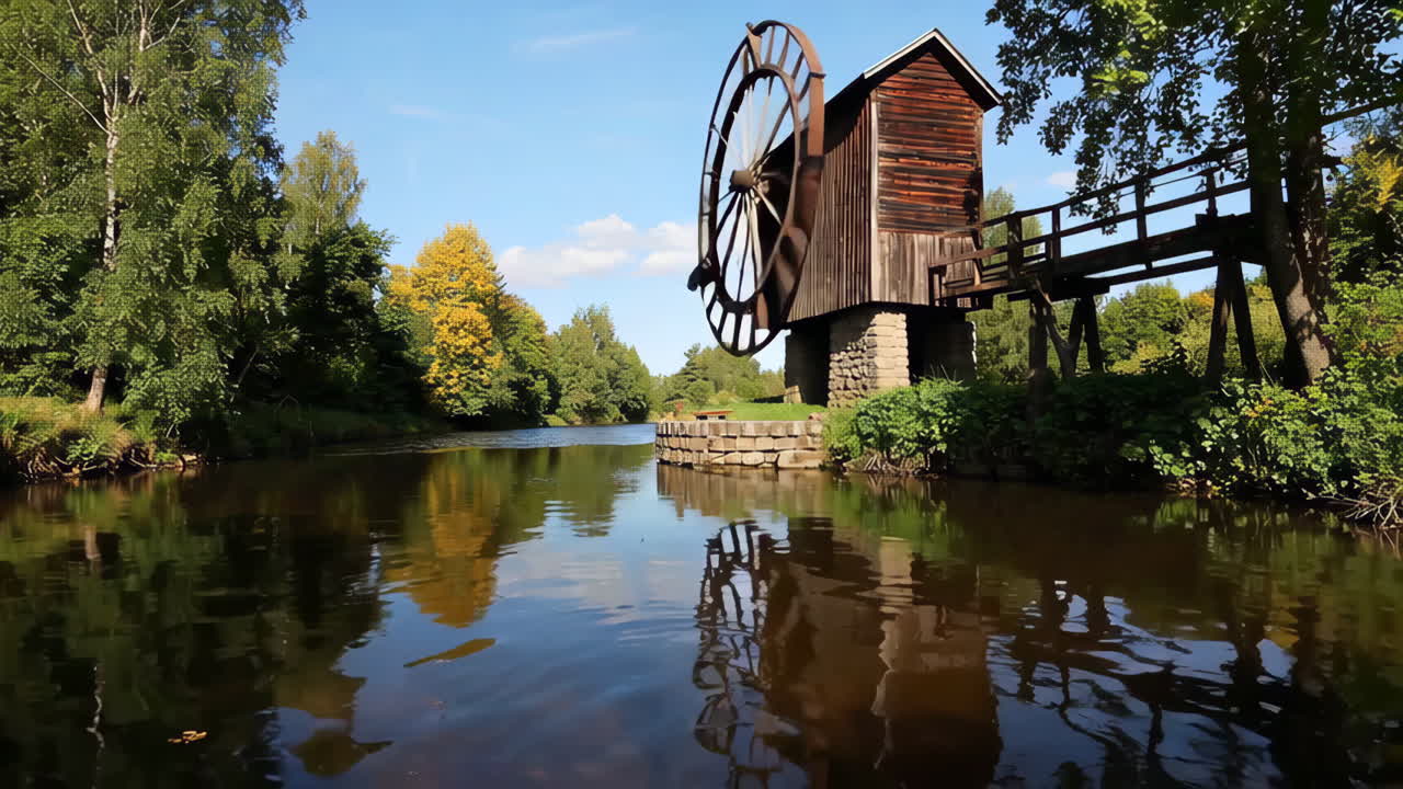 Old Wooden Watermill by a River