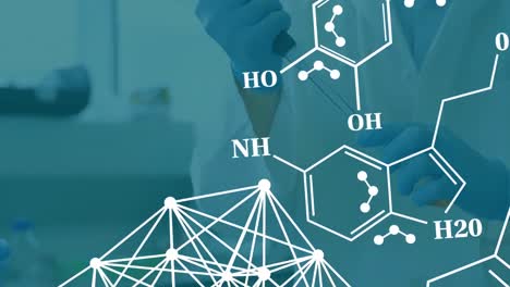 Animation-of-chemical-structures-against-midsection-of-two-scientists-working-at-laboratory