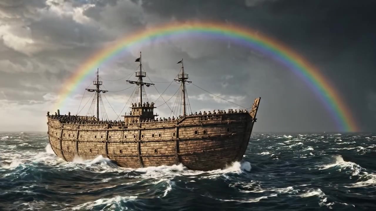 Et majestætisk sejlskib navigerer gennem turbulent farvand, oplyst af en strålende regnbue under en ildevarslende himmel.