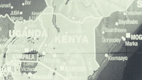 Close-up of a map of East Africa, featuring Kenya, Uganda, and Somalia