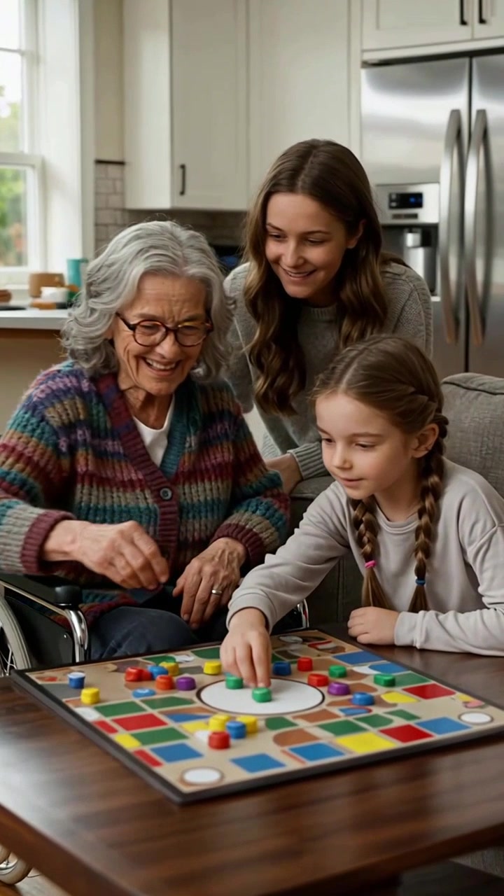 Three generations of women playing a board game