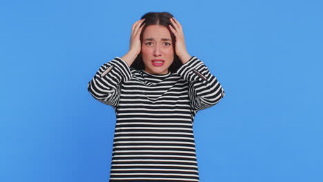 scared fearful depressed young woman suffering phobia anxiety disorder expresses fear stress panic