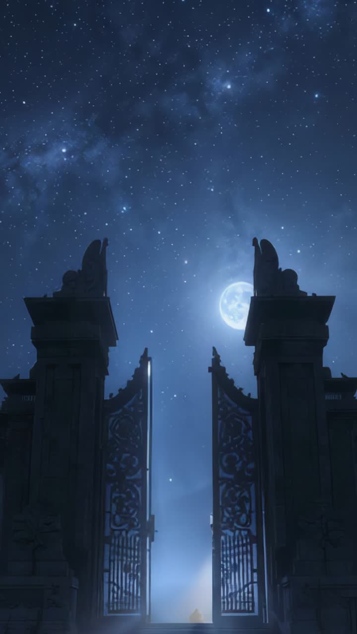 Vertical video: Moving figure opening gates at temple entrance under full moon with glowing portal