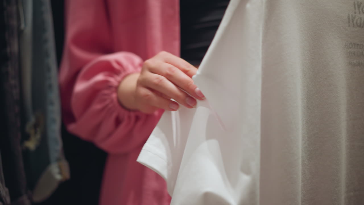 Lower body view of a lady wearing an unbuttoned pink top thoughtfully evaluating a white polo shirt sleeve with faint writing on it, with neatly arranged jeans trousers on a clothing rack behind