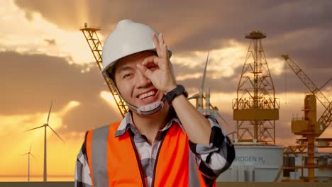 ingeniero al atardecer en una plataforma petrolera con turbinas eólicas