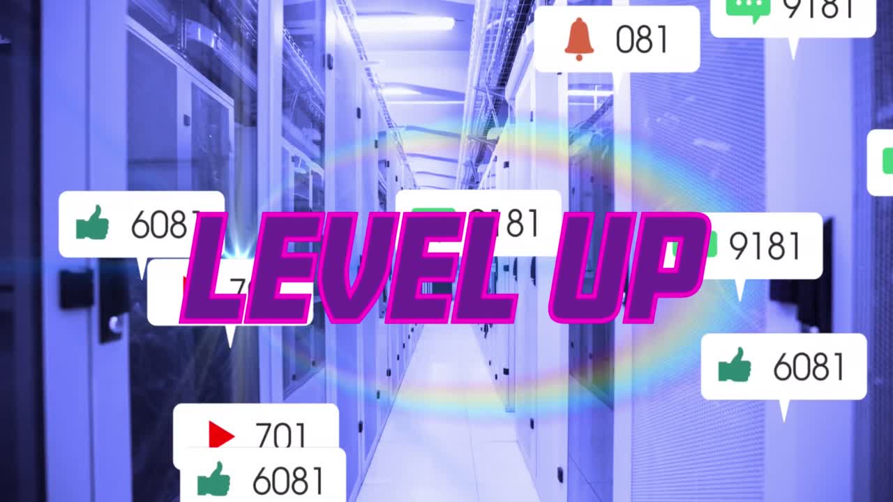 animación del nivel de texto púrpura, notificaciones de las redes sociales y arco iris sobre la sala del servidor de la computadora