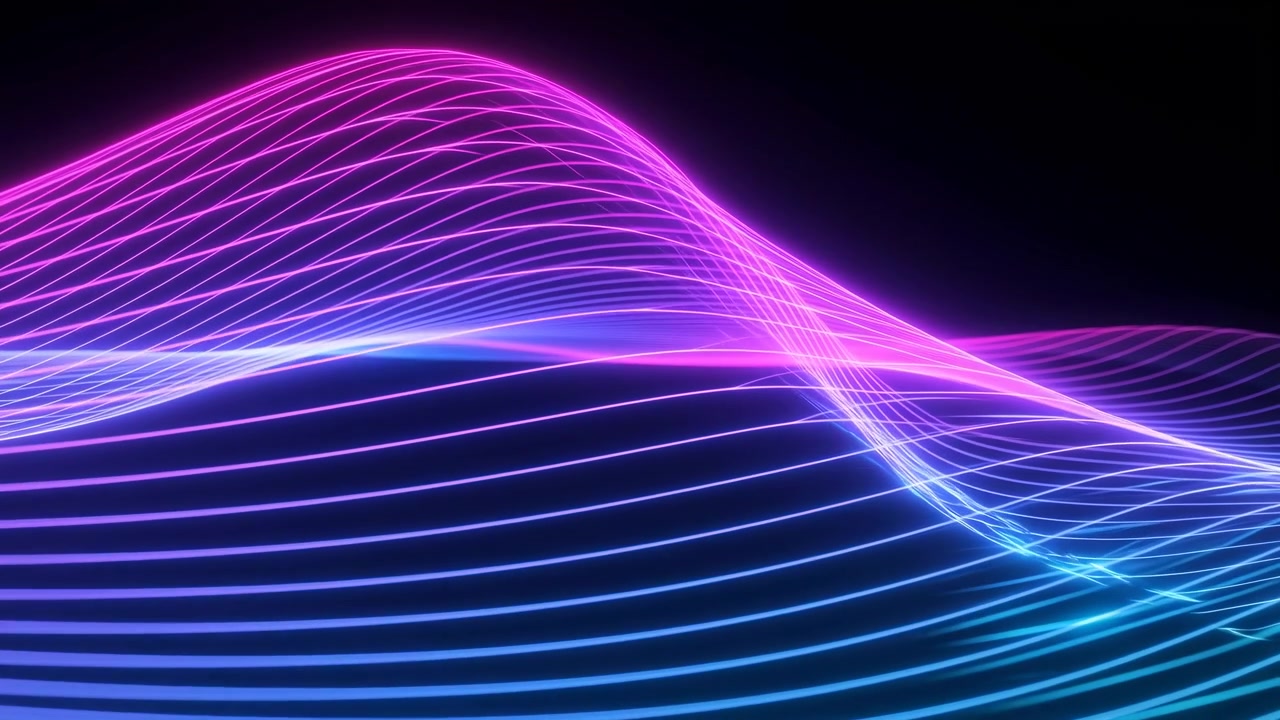 Glowing waveform ridge spans dark panoramic space with layered neon lines shifting from magenta and pink into cyan and blue, creating smooth curves, depth, contrast, and energetic abstract style