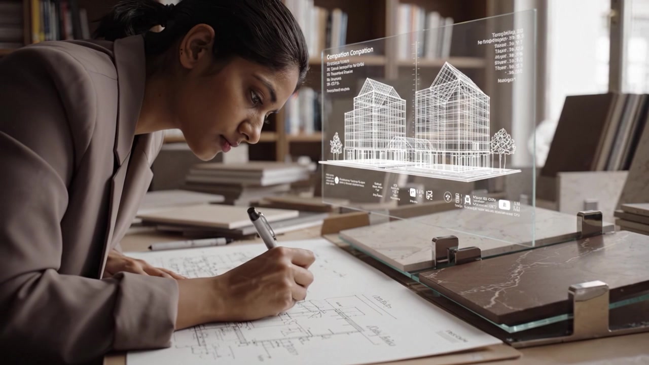 Architect Engaged in Design Work with Digital Illustrations on Display for Building Projects in a Modern Workspace Environment Promoting Creativity and Innovation