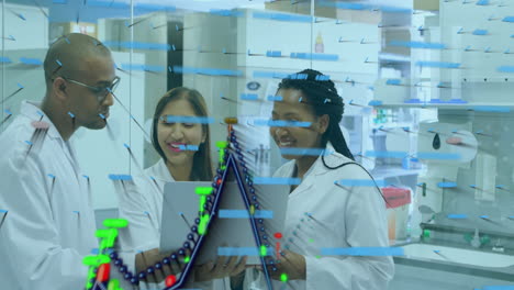scientists in lab coats analyzing data with dna strand animation overlay