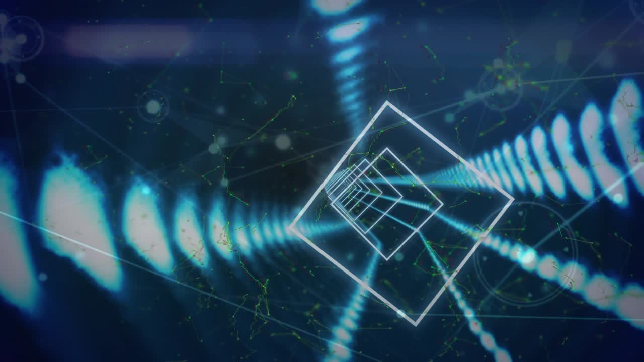 Animation of neon blue tunnel in seamless pattern and network of connections on blue background