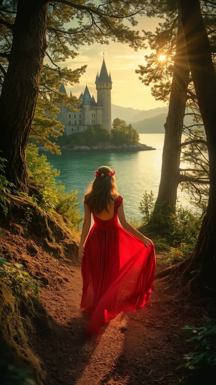 Woman in Red Dress Walking Towards a Fairytale Castle at Sunset