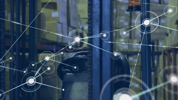 Animation of network of connections against close up of forklift machine at warehouse