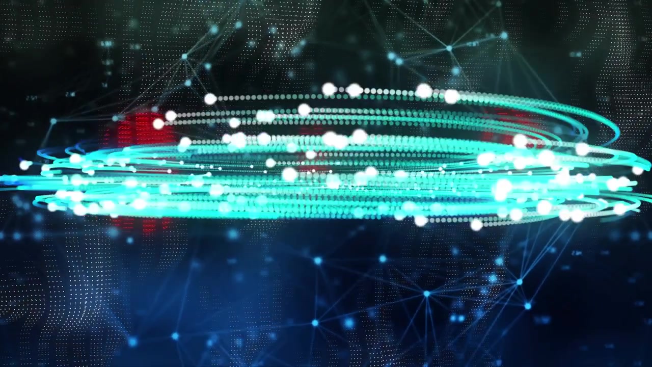 Animation of processing data glowing over communication network on black background