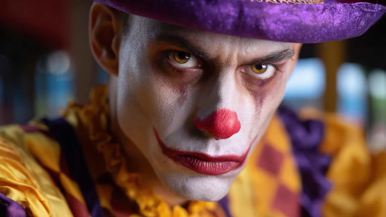 Intense Clown Portrait Capturing Emotion and Expression in a Colorful Costume with Striking Makeup for a Dramatic Artistic Visual Experience