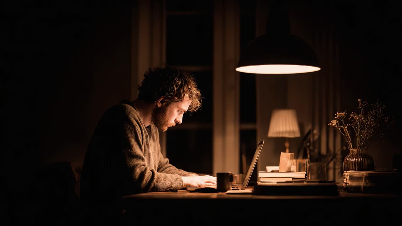 A Focused Evening: A Man Engaged in Thoughtful Work at a Dimly Lit Table with a Candle and an Open Laptop, Surrounded by a Cozy Atmosphere