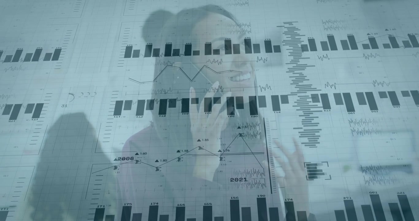 Woman answering ringing smartphone and analyzing sales data with animated charts growing on screen