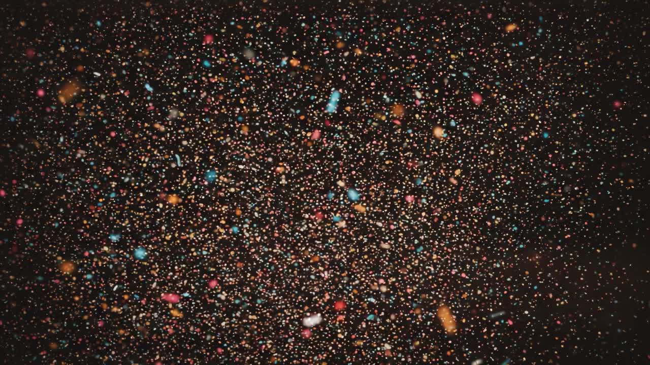 A mesmerizing collection of shimmering particles floating against a dark backdrop, creating an enchanting visual effect as light reflects off the colorful specks