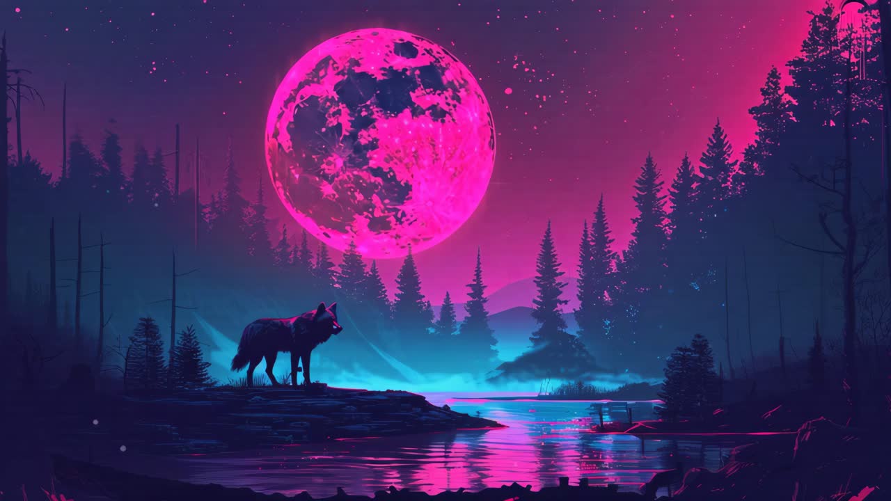 Pink Moonlit Forest with a Wolf