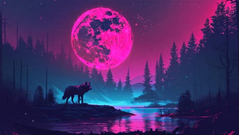 pink moonlit forest with a wolf