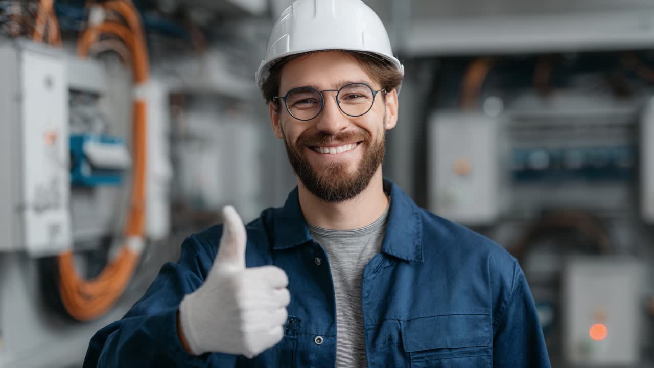 Un técnico sonriente con gorro y guantes levanta el pulgar, mostrando una actitud positiva en un entorno técnico lleno de maquinaria y sistemas eléctricos.
