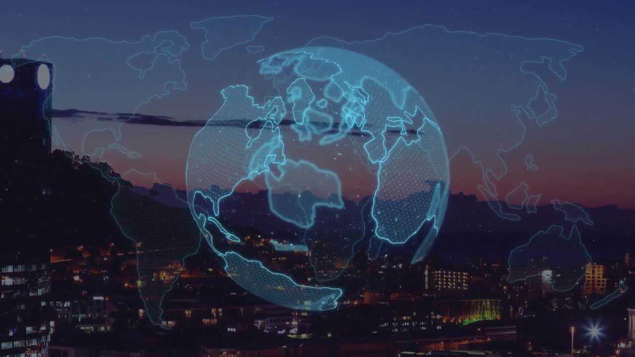 지구가 회전하는 애니메이션과 도시 풍경에 대한 데이터 처리