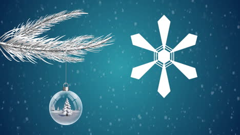 animation of snow globe with christmas tree over snow falling on blue background