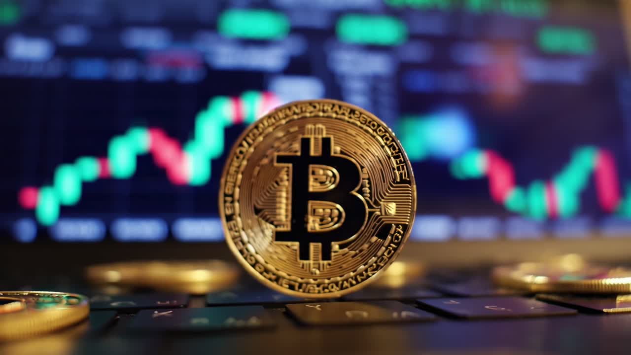Vídeo em close-up de uma moeda Bitcoin em um teclado, com um gráfico de ações desfocado ao fundo