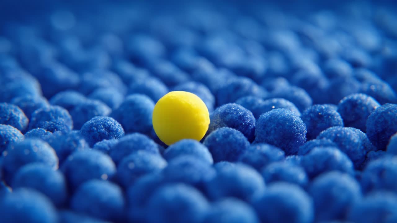A vibrant display of colorful spheres showcases a bold yellow ball standing out among a sea of blue spheres, visually captivating and contrasting in an appealing arrangement