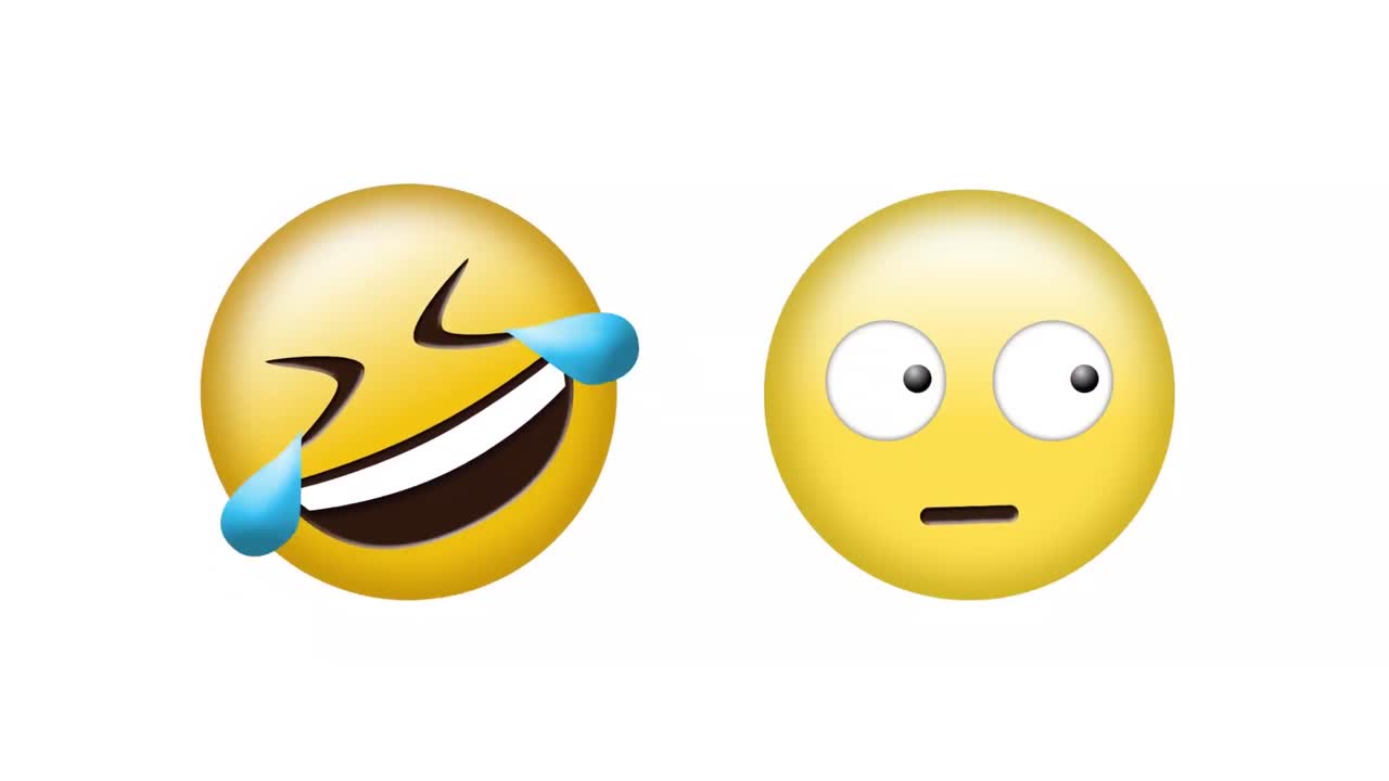 Animation of laughing and rolling eyes emoji icons over white background