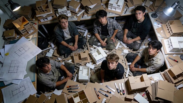 Camera looking down, six male students wearing work clothes sitting at bench, reviewing models