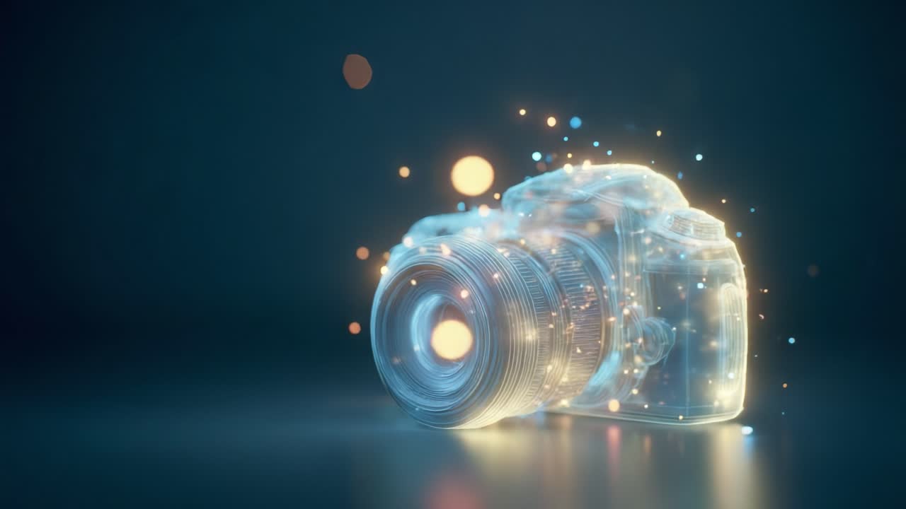 A mesmerizing holographic representation of a camera, radiating vibrant light particles against a dark background, showcasing the intersection of technology and creativity in photography