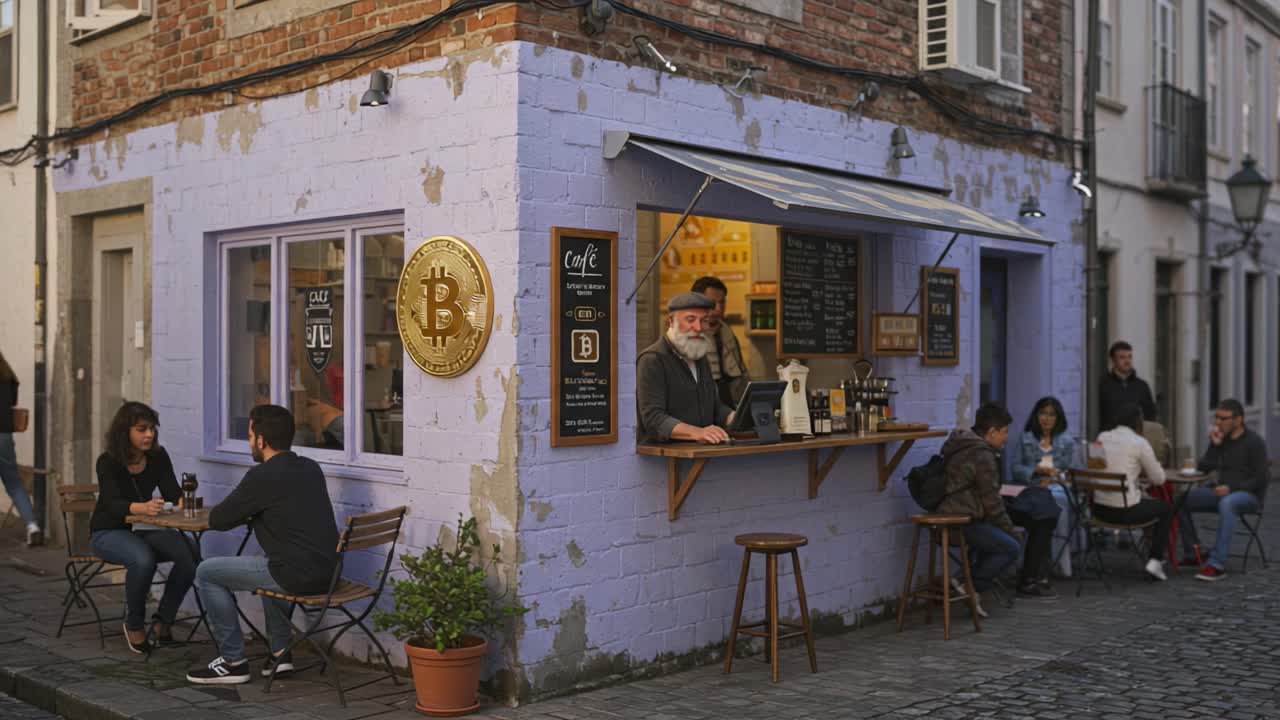 Charming Purple Cafe with Bitcoin Symbol at the Corner, Showcasing Cozy Atmosphere and Engaging Patrons Enjoying Drinks and Snacks at Outdoor Tables