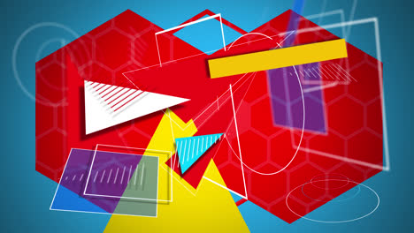 Las-Formas-Geométricas-Convergen-Y-Desaparecen-Alrededor-De-Un-Triángulo-Amarillo-Y-Hexágonos-Rojos