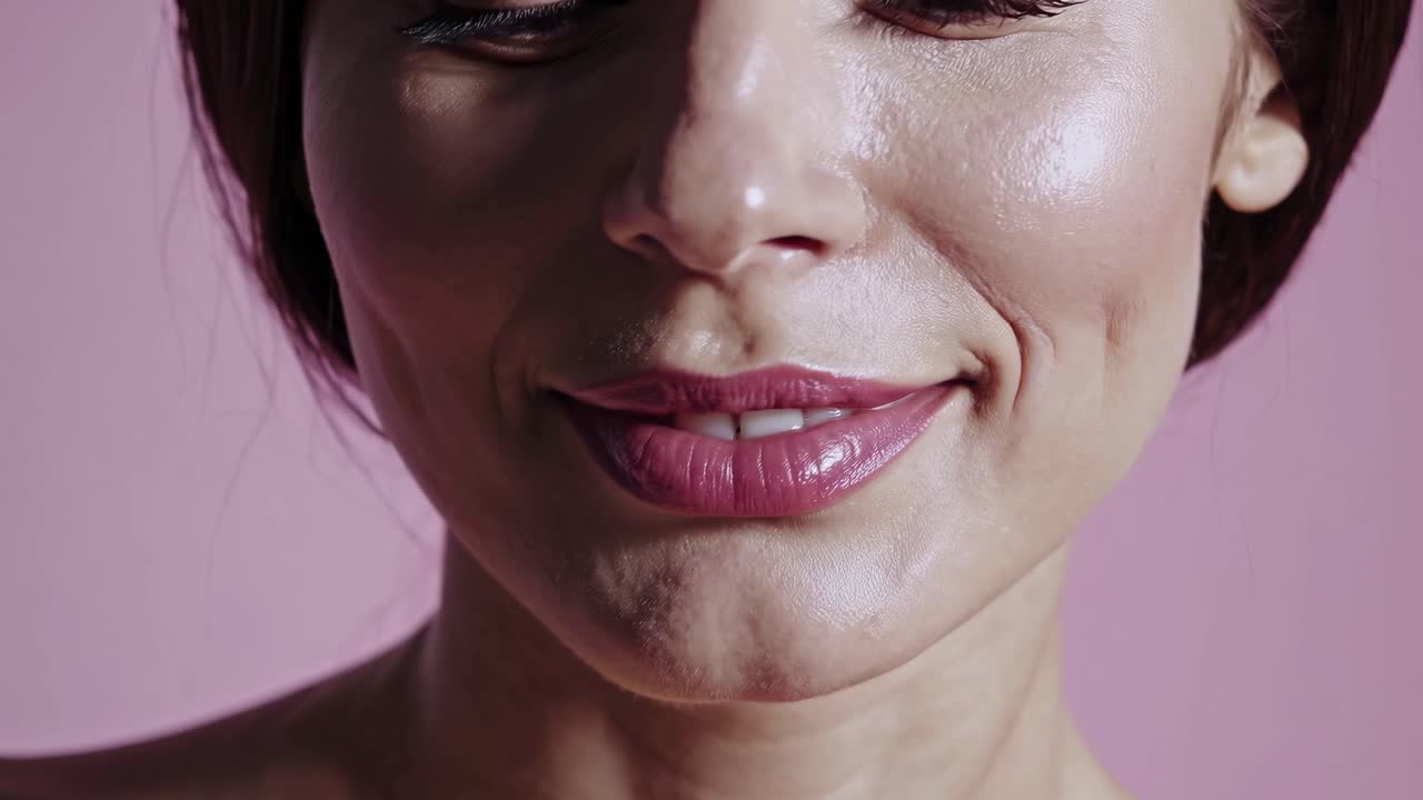 Close-up video shot of a woman's lower face and neck against a pink background, highlighting smooth
