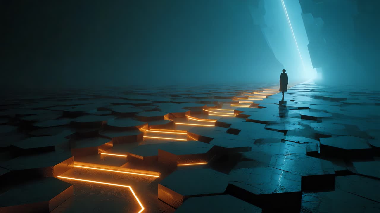 A solitary figure stands on a glowing hexagonal pathway in a futuristic, dimly lit environment, with a striking beam of light illuminating the space, creating an ethereal atmosphere