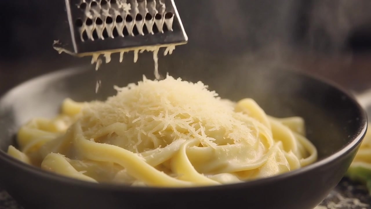 Chef che grattugia Parmigiano Reggiano fresco su fettuccine calde